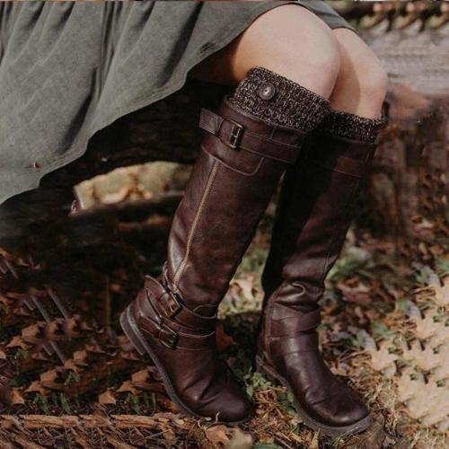 Brown Daily Women Buckle Knee High Boots