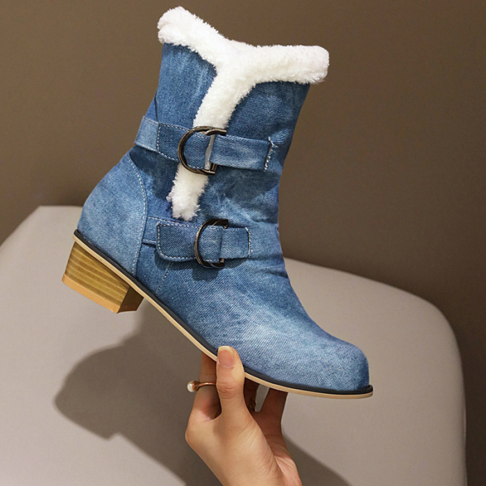 Two Buckle Strap Fur Winter Mid-Calf Boots