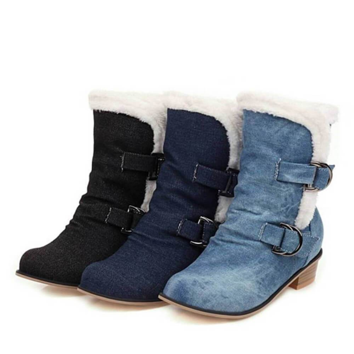 Two Buckle Strap Fur Winter Mid-Calf Boots