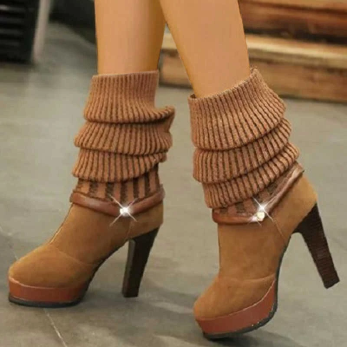 Women High Heel Zipper Sweater Knee High Boots