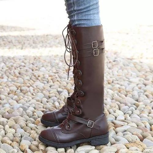 Women's Buckle Lace-up Mid-Calf Boots