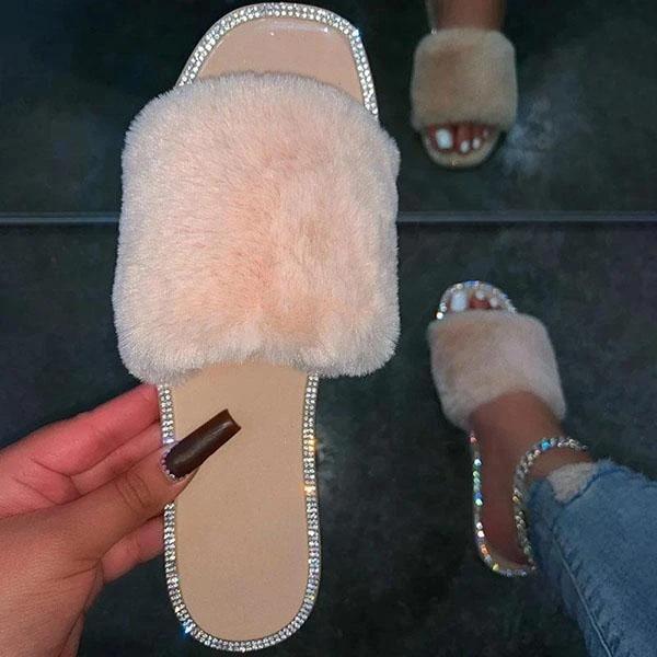 Women Chic Rhinestone Faux Fur Slippers