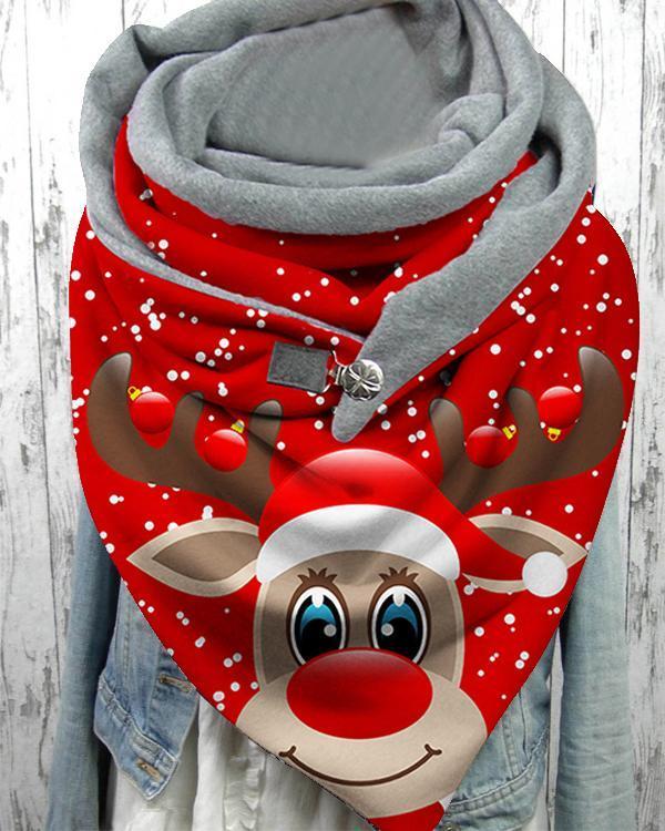 Women Shawl Casual Christmas Cartoon Print Scarves with Button