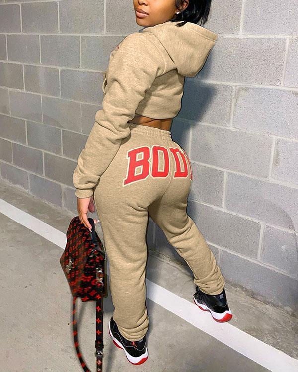 Short Hooded Sweater Letter Print Casual Two Piece Pants Set