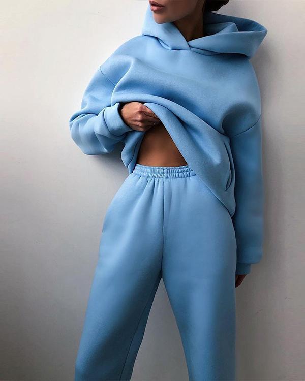 Fashion Casual Hooded Solid Color Two-Piece Suit