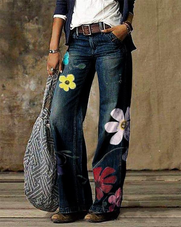Vintage Floral Print Pocket Woman Pant Bottom