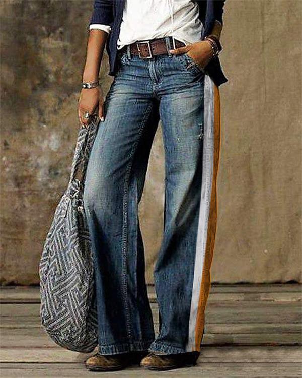 Vintage Striped Pocket Denim Loose Jeans Pants