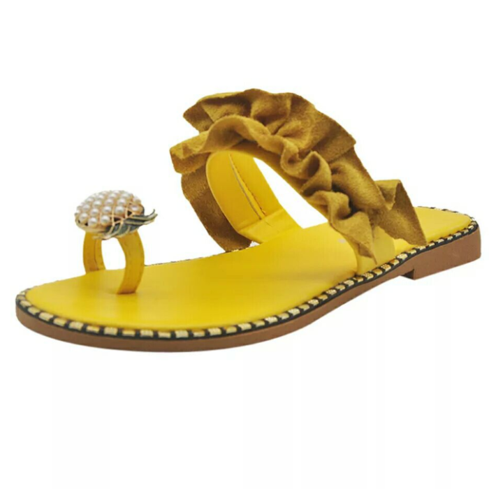 Woman Pineapple Rhinestone Ruffles Flat Heel Slipper Slide Sandals