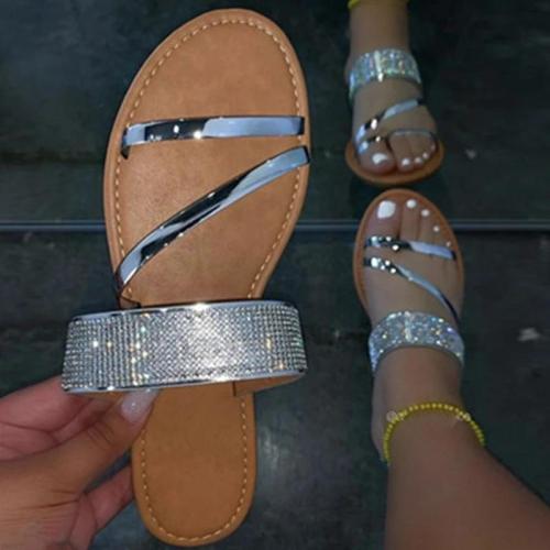 Women Simple Fashion Pu Rhinestone Slip On Sandals Slippers