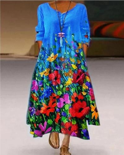 Women Casual Printed Floral Crew Neck 3/4 Sleeve Maxi Dresses