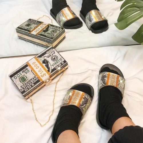 Women Comfortable Fashion PVC Money Rhinestone Flat Slippers