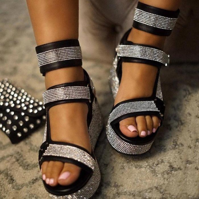 Women Blingbling Rhinestones Velcro Open Toe Muffin Strapes Sandles Sandals