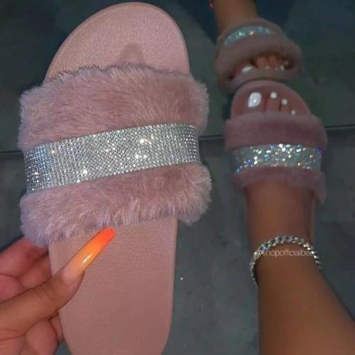 Fuzzy Rhinestones Women's Slippers