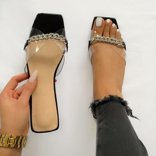 Ambrose Black Patent Clear Diamante Chain Sandals