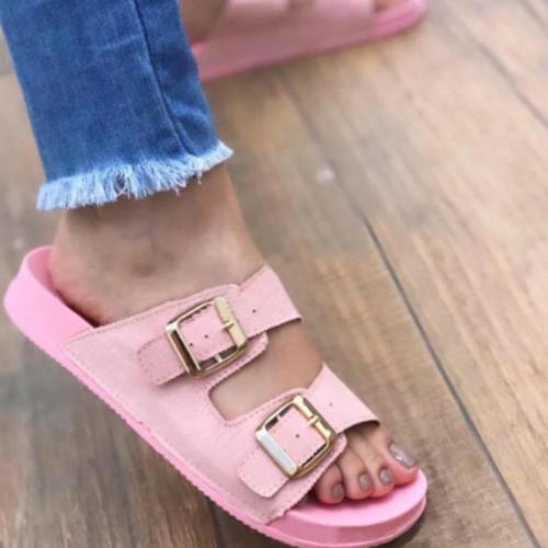 **Women Casual Comfy Fashion Pu Double Buckle Decoration Flat Sandals Slippers
