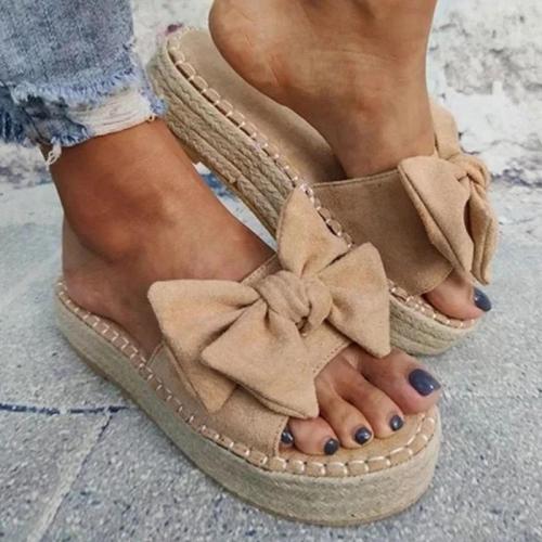 Women Casual Simple Shearling Bowknot Platform Sandals Slippers