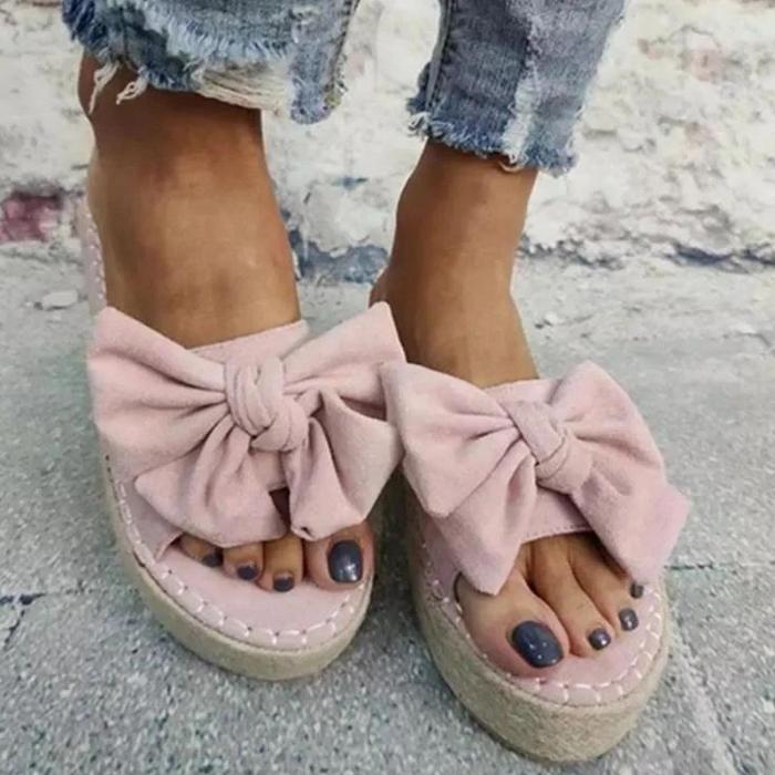 Women Casual Simple Shearling Bowknot Platform Sandals Slippers