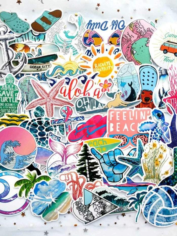 Custom summer Beach, Ocean themed stickers, Travel theme, Water Bottle Stickers for Laptop Skateboard Car Decals No-Duplicates (50pcs!)