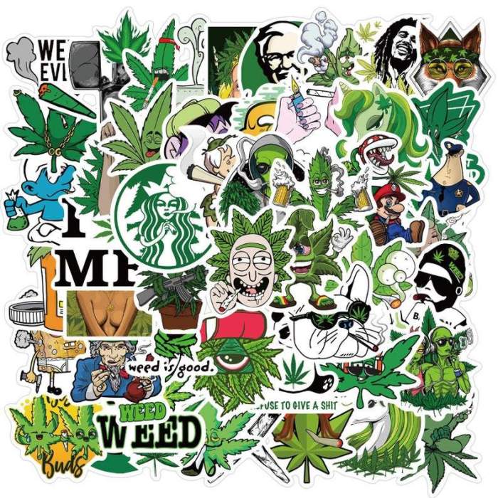50 Pack Waterproof Marijuana Stickers, Cannabis Sticker, Go Green Stickers, 420 Stickers, All Cut Stickers, No Repeats, Funny Marijuana