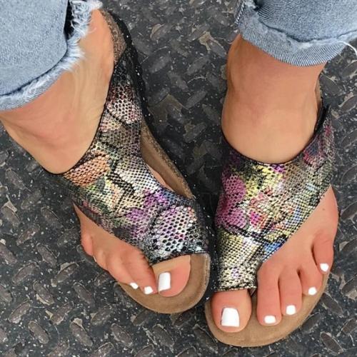 Women Casual Comfy Pu Print Toe Loop Beach Sandals