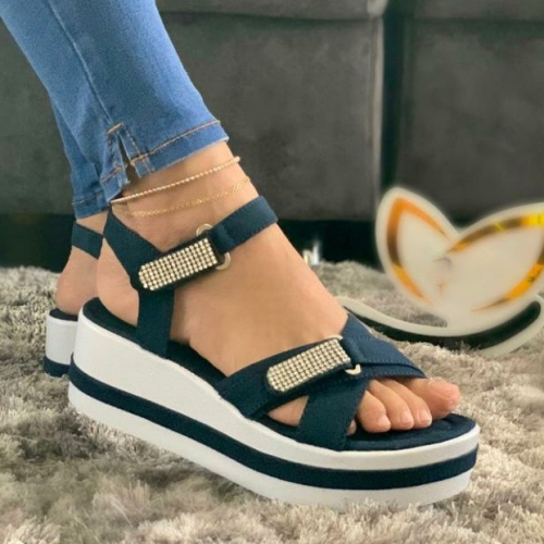 Women’s Fashionable And Comfortable Rhinestone Velcro Design Platform Sandals