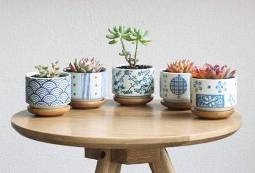 Japanese Style Ceramic Planters with Bamboo Tray,Succulent Planter,Ceramic Planter,Home Decor,Simple Gift,gift idea, terrarium