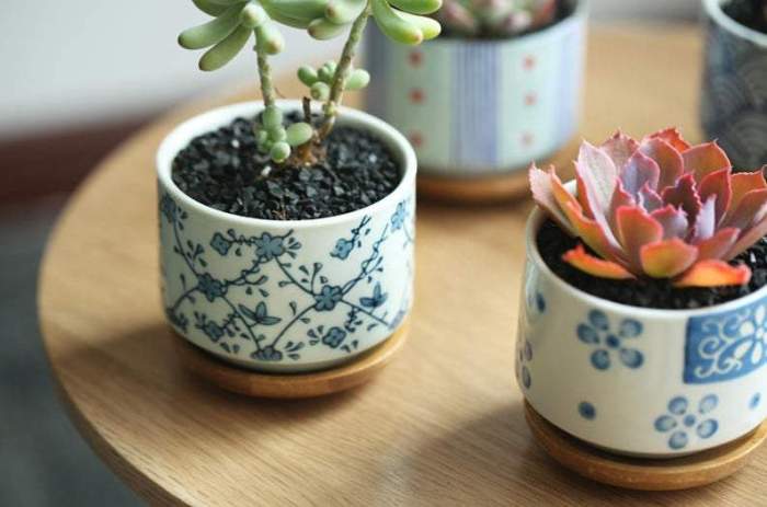 Japanese Style Ceramic Planters with Bamboo Tray,Succulent Planter,Ceramic Planter,Home Decor,Simple Gift,gift idea, terrarium