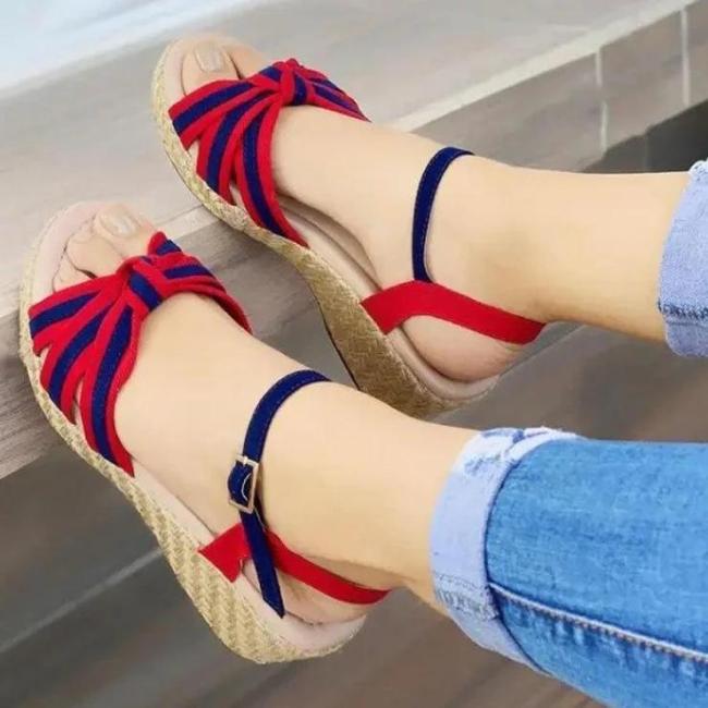 Women‘s Fashionable Bowknot Colorblock Woven Sole Sandals