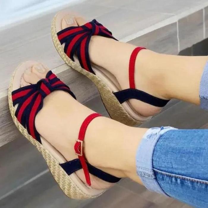 Women‘s Fashionable Bowknot Colorblock Woven Sole Sandals