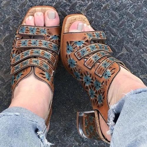 Women’s Fashion Floral Print Velcro Square Heel Sandals