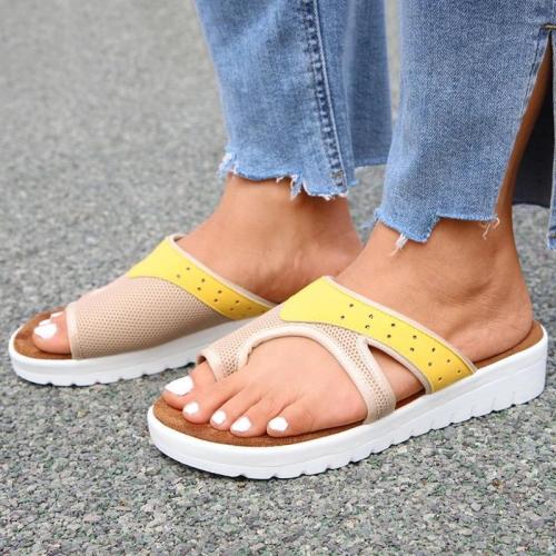 Women Casual Daily Pu Color-Blocking Toe Loop Flat Sandals