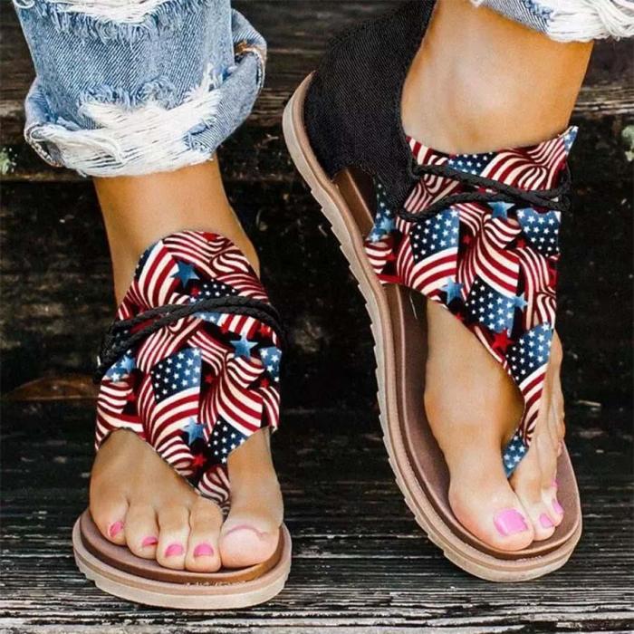 American Flag Star Striped Zipper Thong Flat Sandals