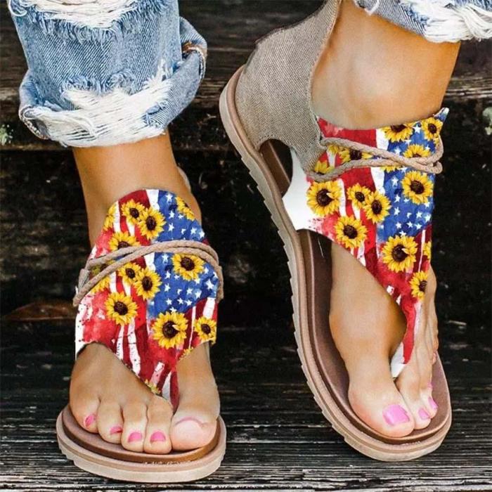 Sunflower American Flag Zipper Thong Flat Sandals