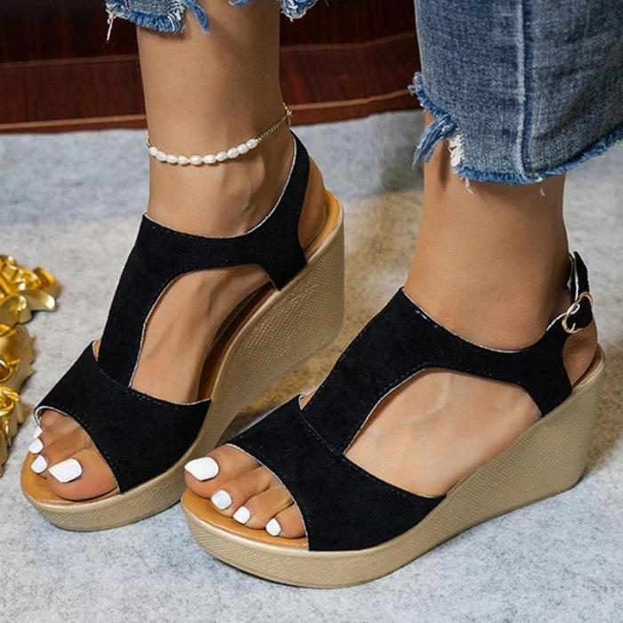 Women Casual Simple Shearling Hollow-out Adjusting Buckle Wedge Heel Sandals