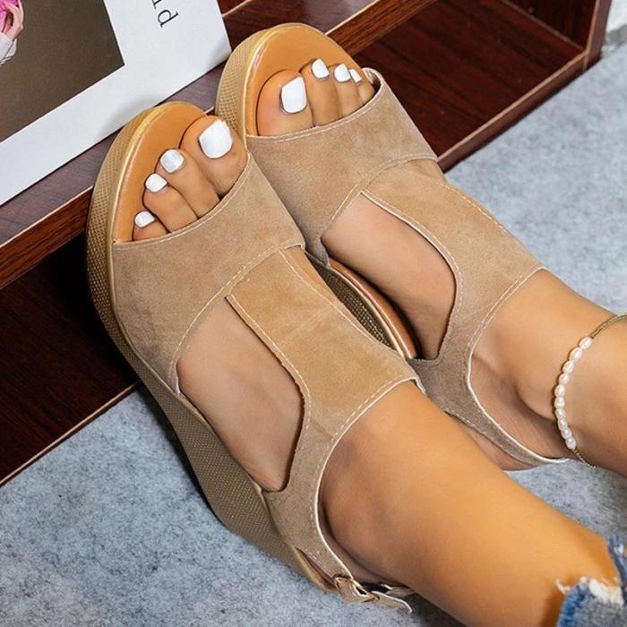 Women Casual Simple Shearling Hollow-out Adjusting Buckle Wedge Heel Sandals