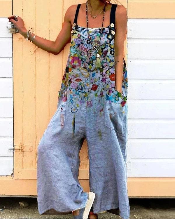 Gray Casual Cotton-Blend Floral One-Pieces Jumpsuit