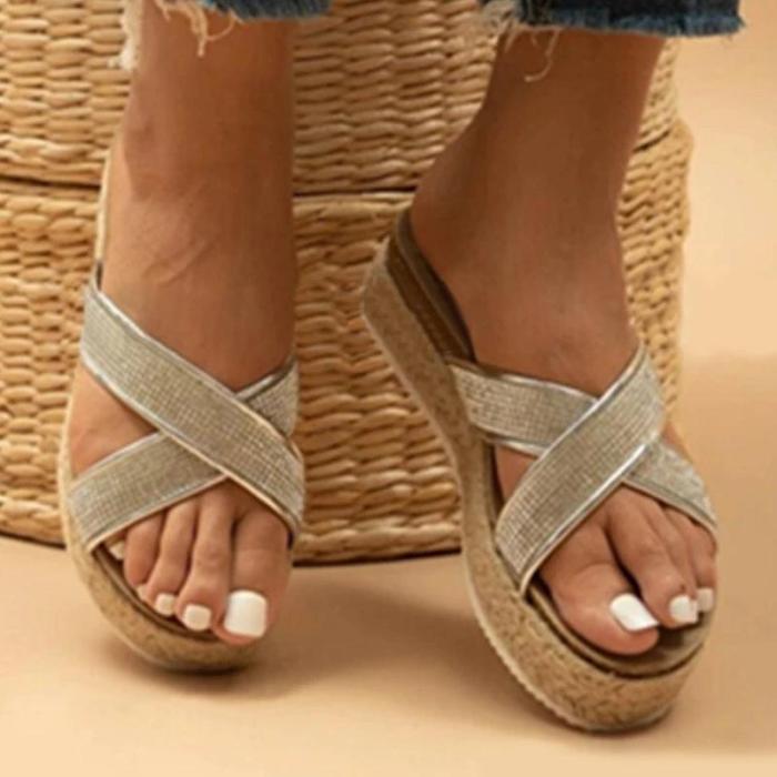 Women Casual Daily Pu Rhinestone Cross-strap Flat Sandals Slippers