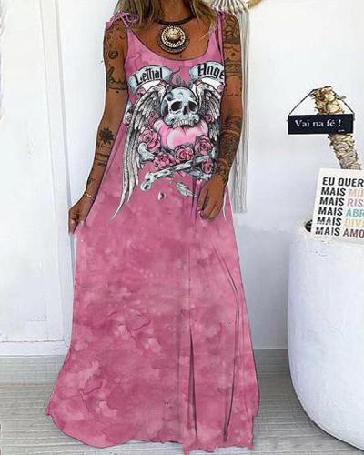 Multiple Color Skull&Rose Print Lace up Spaghetti-Strap Maxi Dress