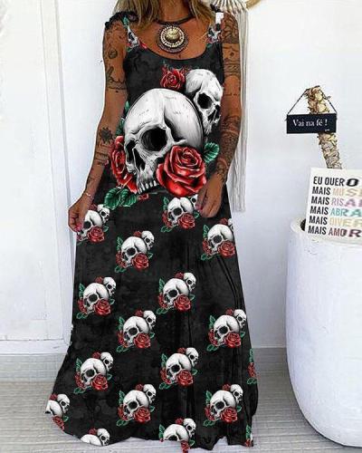 Skull&Rose Print Lace up Spaghetti-Strap Maxi Dress