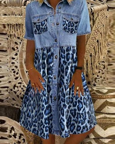 Leopard Print Short Sleeve A-Line Midi Dresses