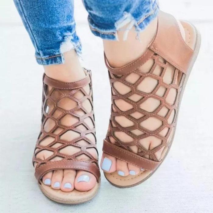 Women Hollow Zipped Peep Toe Flat Sandals