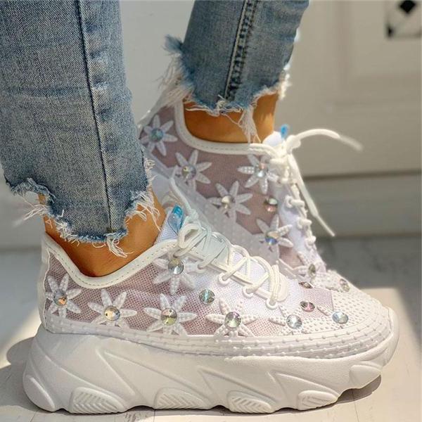 Wedding Mesh Diamante Trim Lace-Up Sneakers