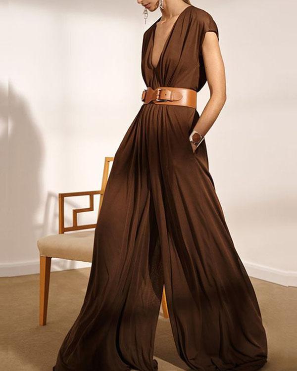 Fashion V Neck Loose Fit Floor Length Wide Leg Jumpsuits With Waistband
