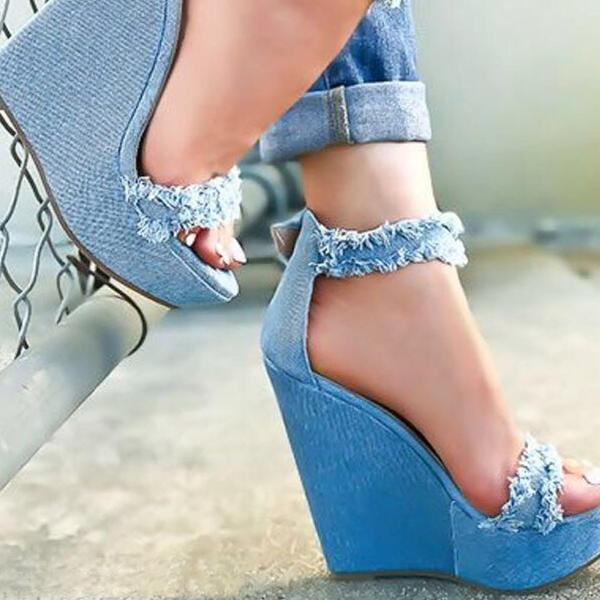 Women's Canvas Wedge Heel Sandals Pumps Wedges Peep Toe Round Toe With Buckle Solid Color shoes