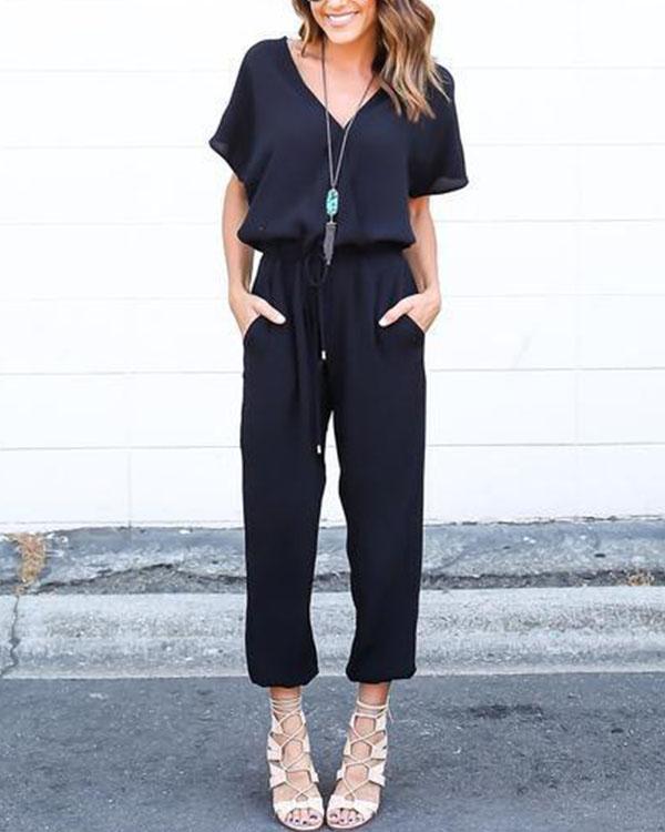 Casual Daily Solid Drawstring Waist Jumpsuit