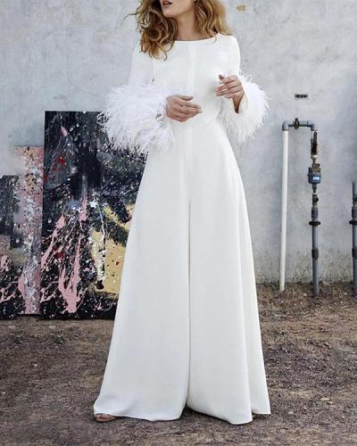 Classy Long Sleeve Furry Sleeve Round Neck Wide Leg Jumpsuits