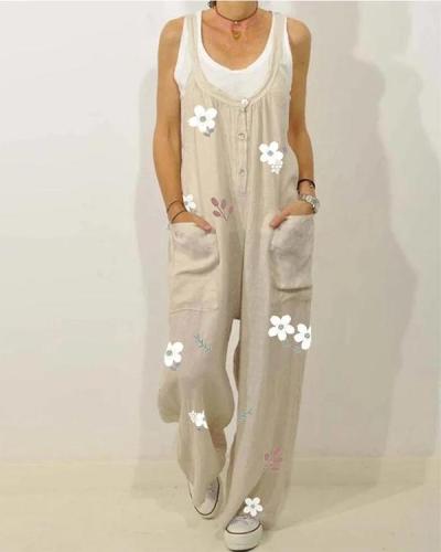 Button Floral Print Straps Loose Casual Jumpsuit For Women