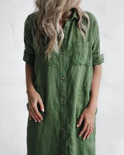 Casual Green Solid Linen Button up Shirt Dresses