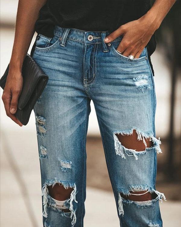 Fashion Mid Waist Ripped Wash Denim Distressed Jeans