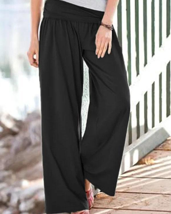 Casual Cotton Solid Pleated Wide Leg Pants